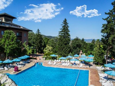 Изглед от високо към минералнен басейн и борова гора