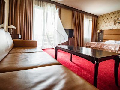 хотелска стая с диван, масичка и двойно легло